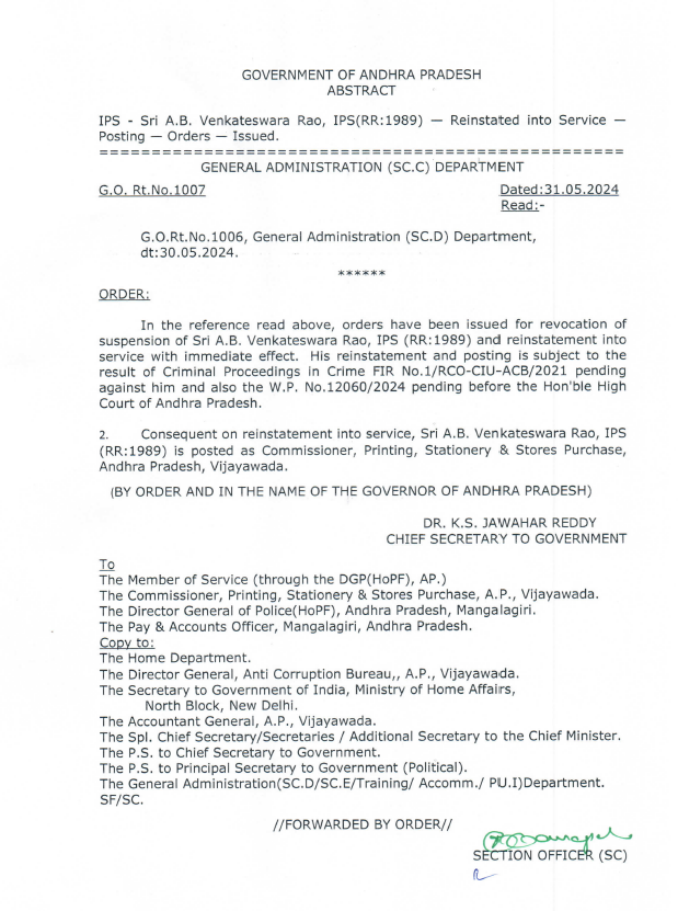 IPS AB Venkateswara Rao Into Service in AP