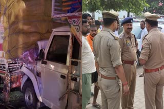 Damaged vehicles in Amethi road accident (L) and police at the accident site after three children of same family die