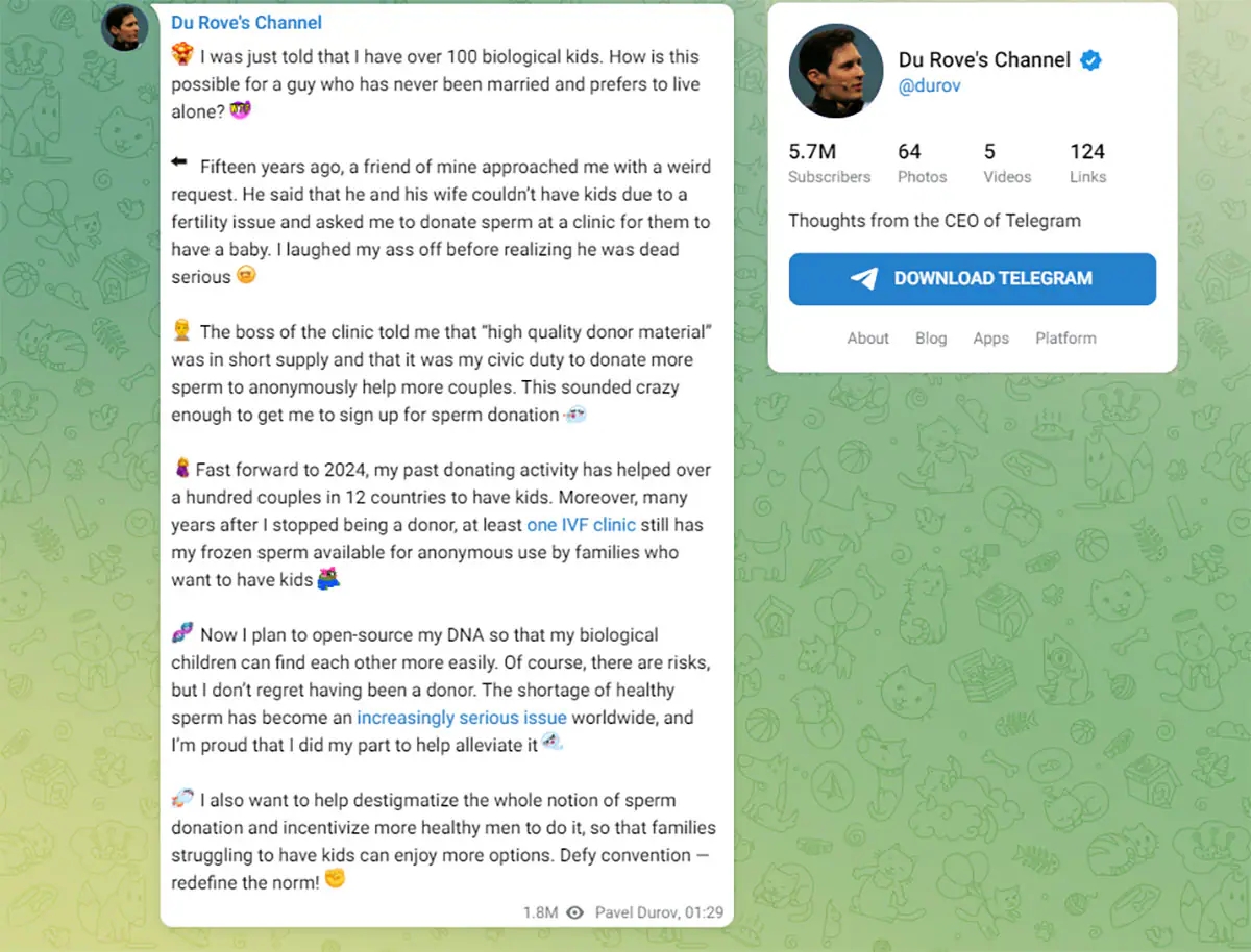 How did 39-year-old Telegram CEO Pavel Durov become the father of 100 children?