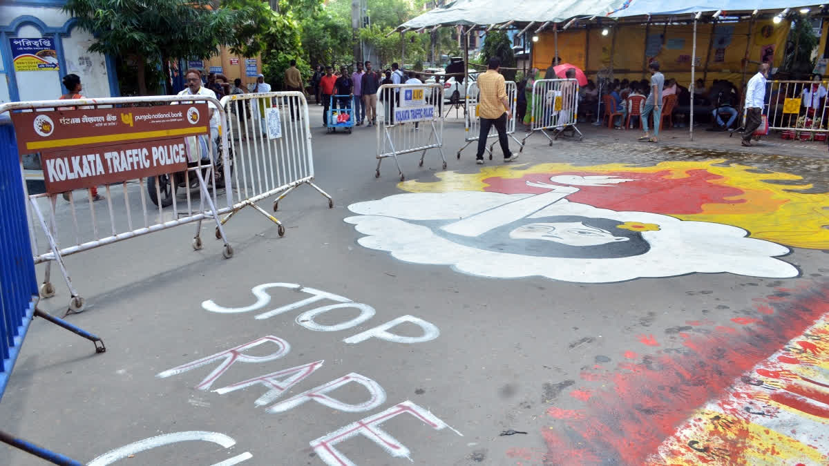 'Stop Rape' painted on the road during the doctors' protest against the RG Kar Medical College and Hospital rape-murder case, at Kolkata on Aug 29.