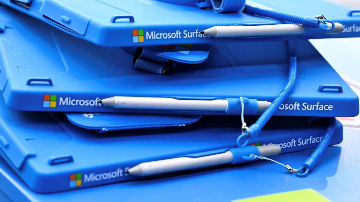 Microsoft Surface tablets are shown on the sideline prior to an NFL football game between the Buffalo Bills and the Houston Texans, Oct 6, 2024 in Houston.