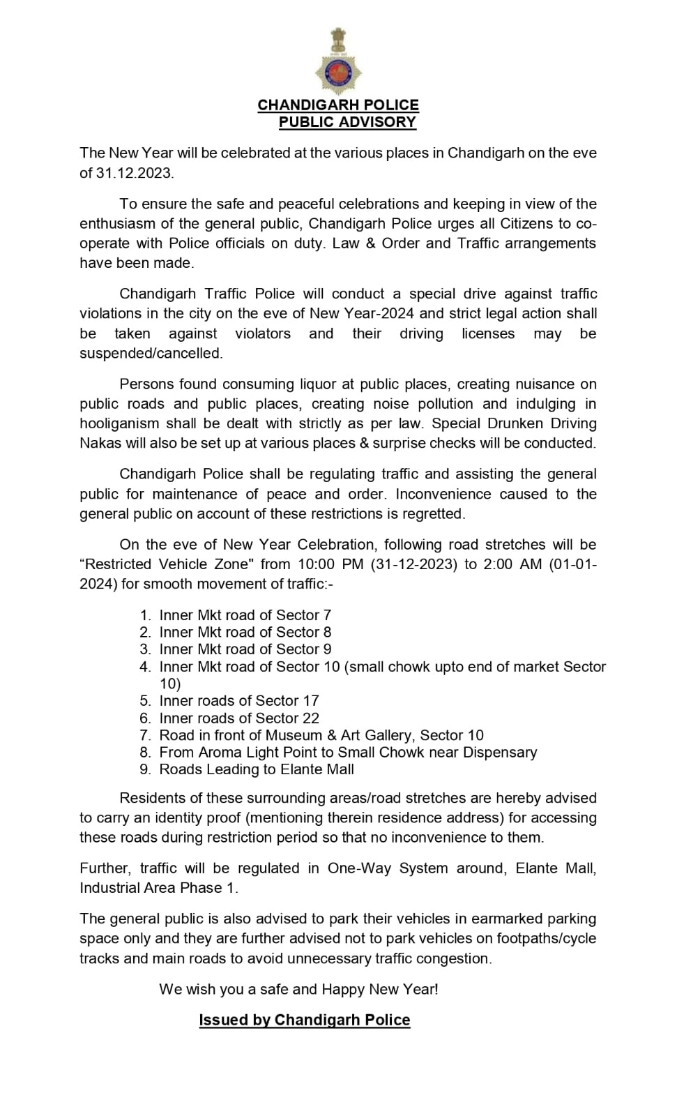 chandigarh Police Police guidelines regarding New Year celebrations