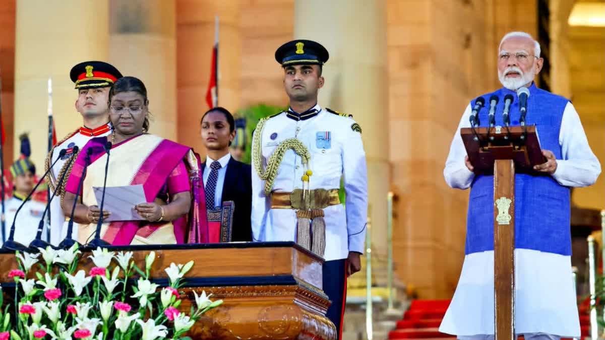 File photo of Narendra Modi taking oath for the third consecutive term as Prime Minister of India. The oath was administered by President Droupadi Murmu at the Rashtrapati Bhavan in New Delhi on Sunday, June 9, 2024.