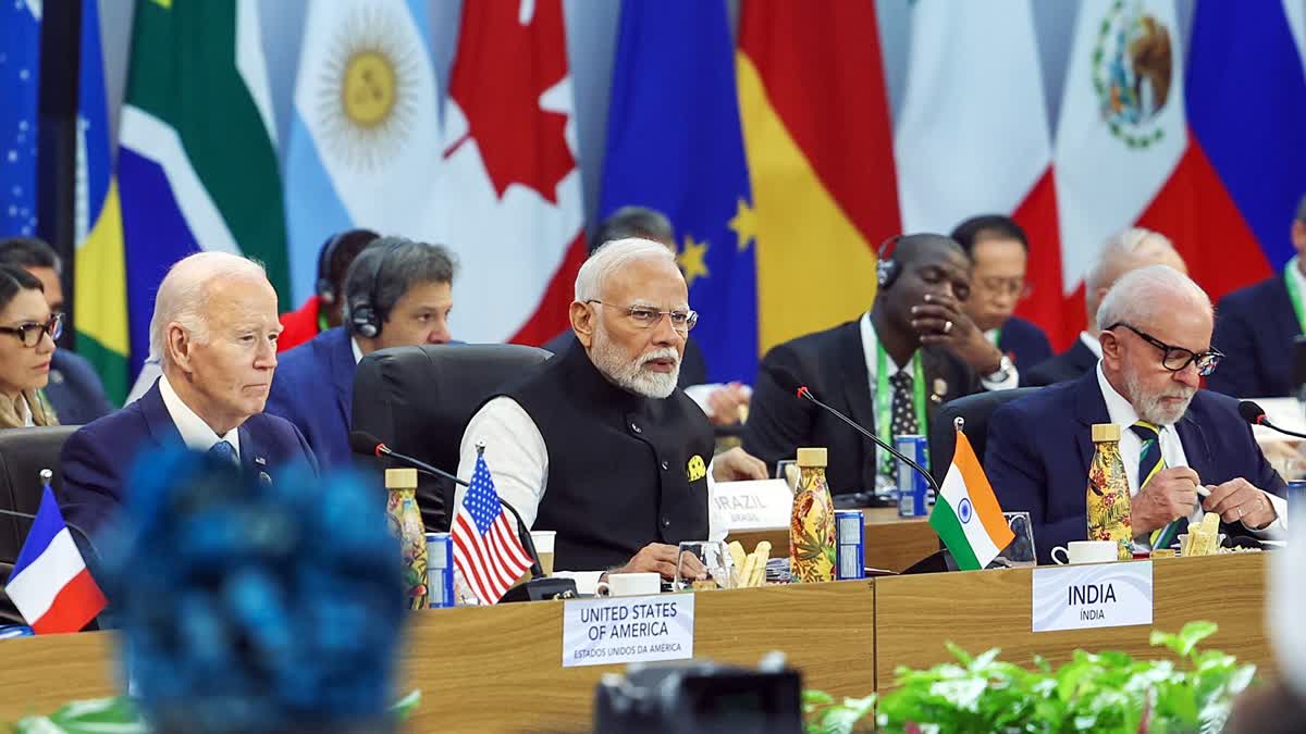 Prime Minister Narendra Modi, US President Joe Biden and Brazilian President Luiz Inácio Lula da Silva during the first session on the 'Fight Against Hunger and Poverty' at the G-20 Summit, in Rio de Janeiro