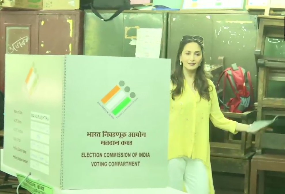 Actress Madhuri Dixit casts her vote in Juhu