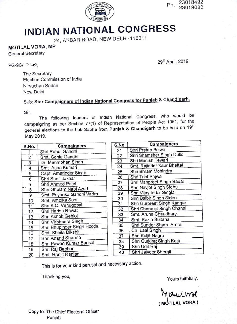 Congress releases list of star campaigners for Punjab and Chandigarh