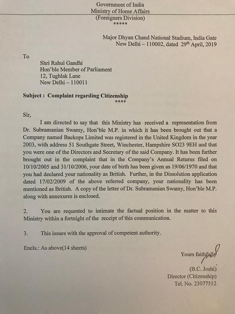 MHA sends notice to Rahul over his citizenship