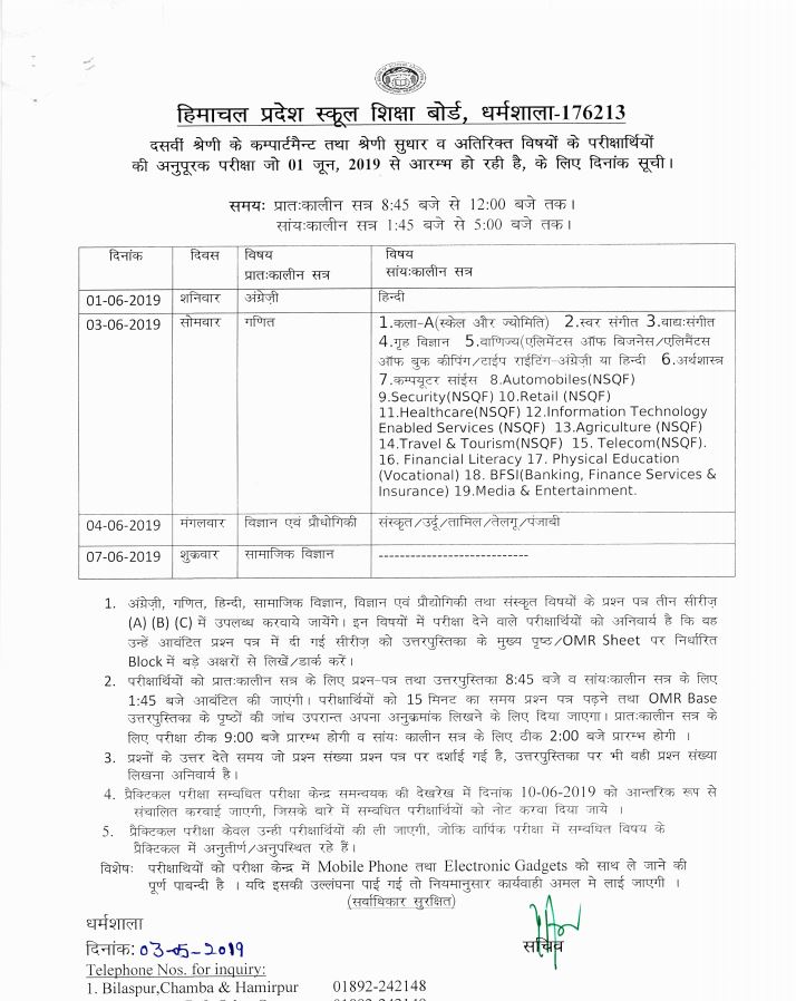 hpbose declared schedule of compartment exam