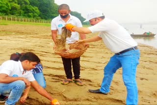 गंगा घाटों पर सफाई कर रहे नमामि गंगे के सदस्य.