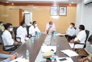 minister srinivas goud review with higher officials, minister srinivas goud review 