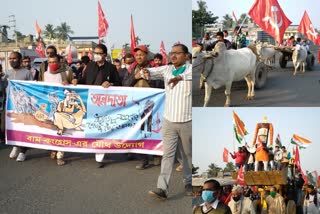 গোরুর গাড়ি-জেসিবি-ট্রাক্টর নিয়ে কৃষি বিলের প্রতিবাদে সরব বাম-কংগ্রেস