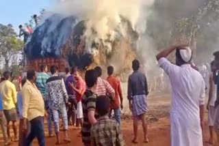 Fire caught  to grass lorry