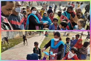 Sanitizer and mask distributed with awareness of covid19 in chhawla delhi