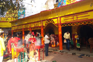 People gathering in temples on the occasion of New Year in Dumka