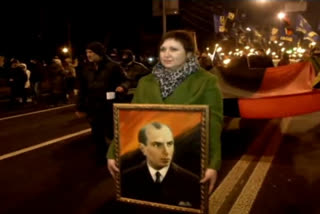 About a thousand far-right activists marched for honour controversial Ukrainian independence leader  Stepan Bandera