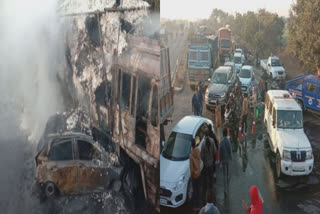 Three charred to death in car-truck accident  Gujarat accident  Accident in Gujarat  Biliyala car accident  Car truck collision in Biliyala  ഗുജറാത്തിൽ കാറും ട്രക്കും കൂട്ടിയിടിച്ച് മൂന്ന് മരണം  രാജ്‌കോട്ട് ദേശീയപാതയിൽ വാഹനാപകടം  ഗുജറാത്തിൽ വാഹനാപകടം  രാജ്‌കോട്ട് ദേശീയപാത  three killed in car-truck collision in gujarat