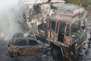 Three women burnt to death in an accident between a truck and a car near Biliyala in Rajkot