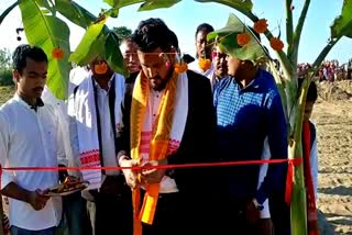 Bamboo bridge inagurated by AASU secretary Sankar Jyoti Boruah in moran dibrugarh assam etv bharat news