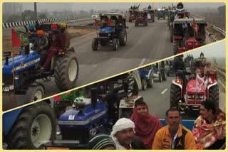 Farmers marching in tractor trolleys at Delhi's Singhu border