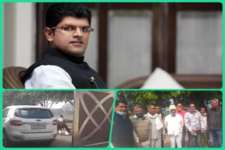 Dushyant Chautala meets with his MLAs  delhi farmers protest  farmers protest against three farm laws  Dushyant Chautala MLAs meeting chhatarpur  Haryana Deputy Chief Minister Dushyant Chautala