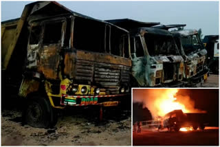 Three lorries burned at bikkavolu