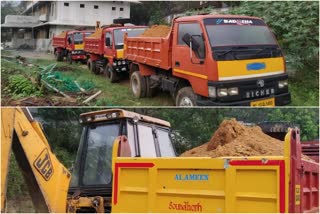 Vehicles with sand were caught  കുന്നിടിച്ച് മണ്ണ് കടത്തുന്നതിനിടെ വാഹനങ്ങൾ പിടികൂടി  വാഹനങ്ങൾ പിടികൂടി  കള്ളമല  kallamala