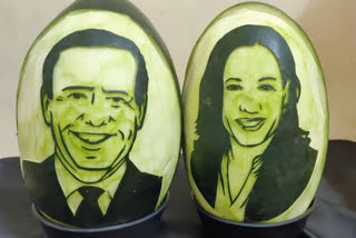 Joe Biden, Kamala Harris Pictures draw in watermelon fruit! Theni district news Theni latest news Joe Biden Kamala Harris தர்பூசணி பழத்தில் ஜோ பைடன், கமலா ஹாரிஸ் உருவம் ஜோ பைடன் கமலா ஹாரிஸ்