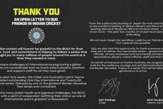 Cricket Australia says Thanks in an open letter to Indian cricket