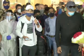 Indian cricketers Ajinkya Rahane, Prithvi Shaw and Team India's coach Ravi Shastri arrive in Mumbai from Australia after winning the Border-Gavaskar Trophy
