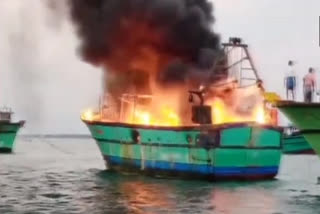 Fisherman's boat catches fire in Tamil Nadu