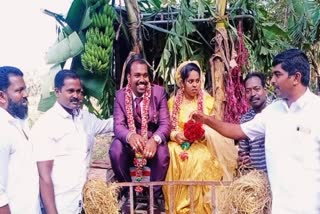 Tractor marriage  டிராக்டரில் சென்று திருமணம் செய்த பொறியாளர்  டிராக்டர் திருமணம்  டிராக்டர் பேரணி  The engineer who went on the tractor and got married  Tractor marriage  Tractor rally