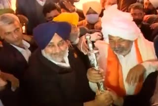 Shiromani Akali Dal (SAD) President Sukhbir Singh Badal meets Bharatiya Kisan Union leader Rakesh Tikait at Ghazipur border