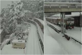 Shimla for Kalka train Snowfall  Himalayan Queen vistaadom train  snowfall in shimla  Kalka Shimla train  Kalka Shimla Himalayan Queen and Vistadome Him Darshan Express  tourists in shimla  ഷിംലയിൽ മഞ്ഞുവീഴ്‌ച  ഷിംല  കൽക്ക-ഷിംല എക്‌സ്‌പ്രസ്  ഹിം ദർശൻ എക്‌സ്പ്രസ് ട്രെയിൻ  ഇന്ത്യൻ റെയിൽവെ