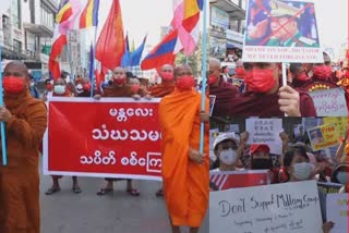 demonstrating against the military takeover in Myanmar