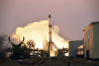 MS-16 cargo ship blast off from launch pad at Baikonur