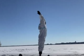 Telangana man performs 108 surya namaskar on frozen lake