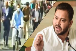 RJD leader Tejashwi Yadav rides bicycle in protest against the fuel price hike