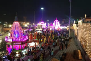 Har ki Pauri decorated with colorful lights for Mahakumbh