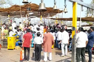 Devotees float to the Medaram Sammakka Saralammala temple in mulugu district