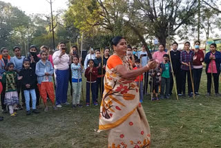 Woman learning self defense tricks