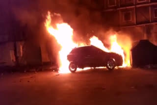 A car caught fire inside the Mahankali police station in Secunderabad