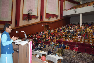 MP Kishan Kapoor arrives at the district level event organized on International Women's Day