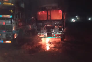 Sudden fire in a truck parked in sand in Dhar
