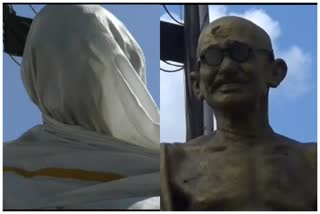 cloth covered in the statue of Mahatma Gandhi was removed, மகாத்மா காந்தியின் சிலையின் மீது மூடப்பட்டிருந்த துணி அகற்றம், cloth covered in the statue of Mahatma Gandhi at Madurai was Removed, மதுரையில் மகாத்மா காந்தியின் சிலையின் மீது மூடப்பட்டிருந்த துணி அகற்றம், மதுரை, Madurai