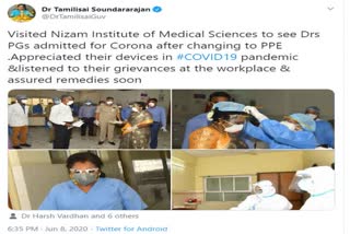 Telengana governor Tamilisai meets medicos affected by corona