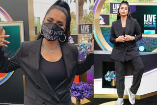 Lilly Singh wears I Stand With Farmers mask to Grammys red carpet  ഗ്രാമി പുരസ്‌കാരദാന ചടങ്ങിലും കര്‍ഷക പ്രതിഷേധത്തിന്‍റെ അലയൊലികള്‍  Lilly Singh wears I Stand With Farmers mask  Lilly Singh  Lilly Singh Grammys red carpet  Grammys red carpet  ലില്ലി സിങ്  ലില്ലി സിങ് വാര്‍ത്തകള്‍  ലില്ലി സിങ് കര്‍ഷക സമരം