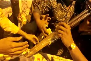 Young man Cake cut from sword on Birthday Celebration