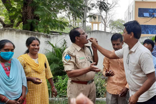 Expressing happiness over the PRC hike .. Employees celebrations in at the Forest Department office in Nirmal