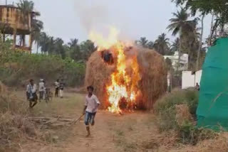 The electric wires caught grass tractor