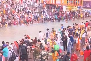 People take a holy dip in Ganga river at Har Ki Pauri in Haridwar, Uttarakhand.